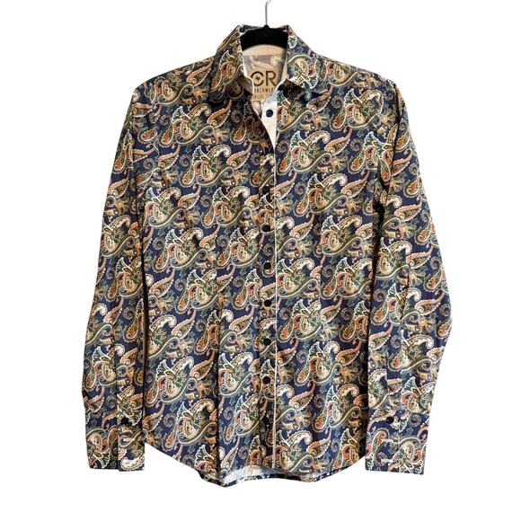CR Ranchwear Navy and Green Paisley Western Rodeo Button Front Shirt Size XS - Picture 1 of 11